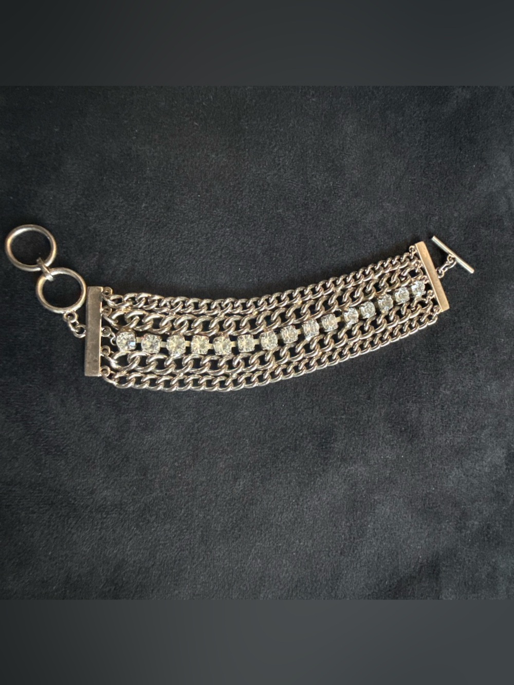 Vintage Cookie Lee Silver Multi Chain Rhinestone Toggle Statement Bracelet